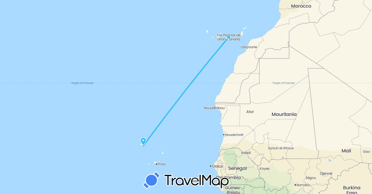 TravelMap itinerary: driving, boat in Cape Verde, Spain (Africa, Europe)